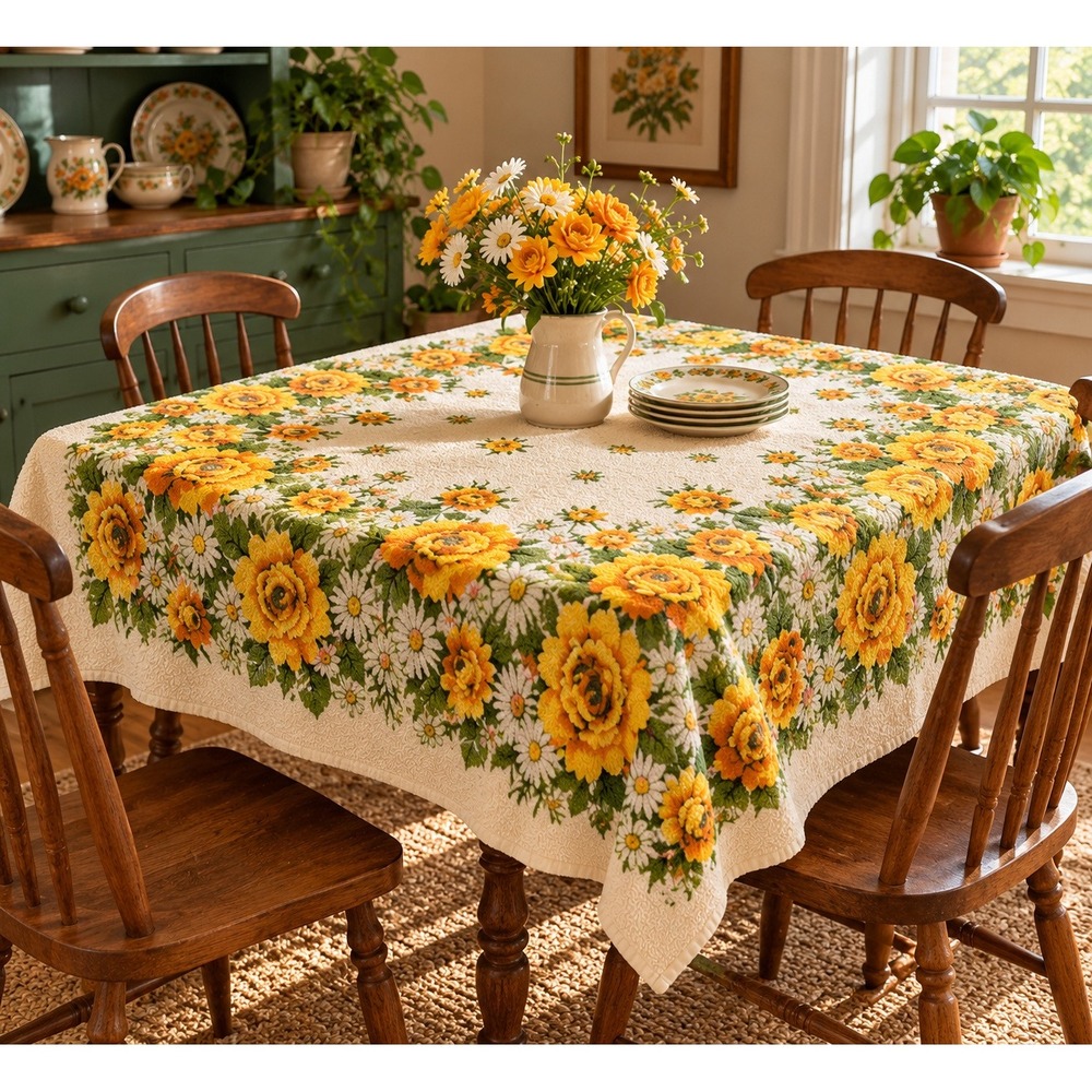 Vintage 1970s Terry Cloth Tablecloth Yellow Rose Daisy Floral Print Retro 50x58